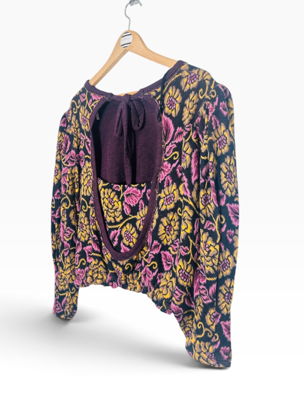 Free People Purple No Ordinary Top Floral Jacquard Cropped Cut Out Back Sweater - Picture 6 of 10